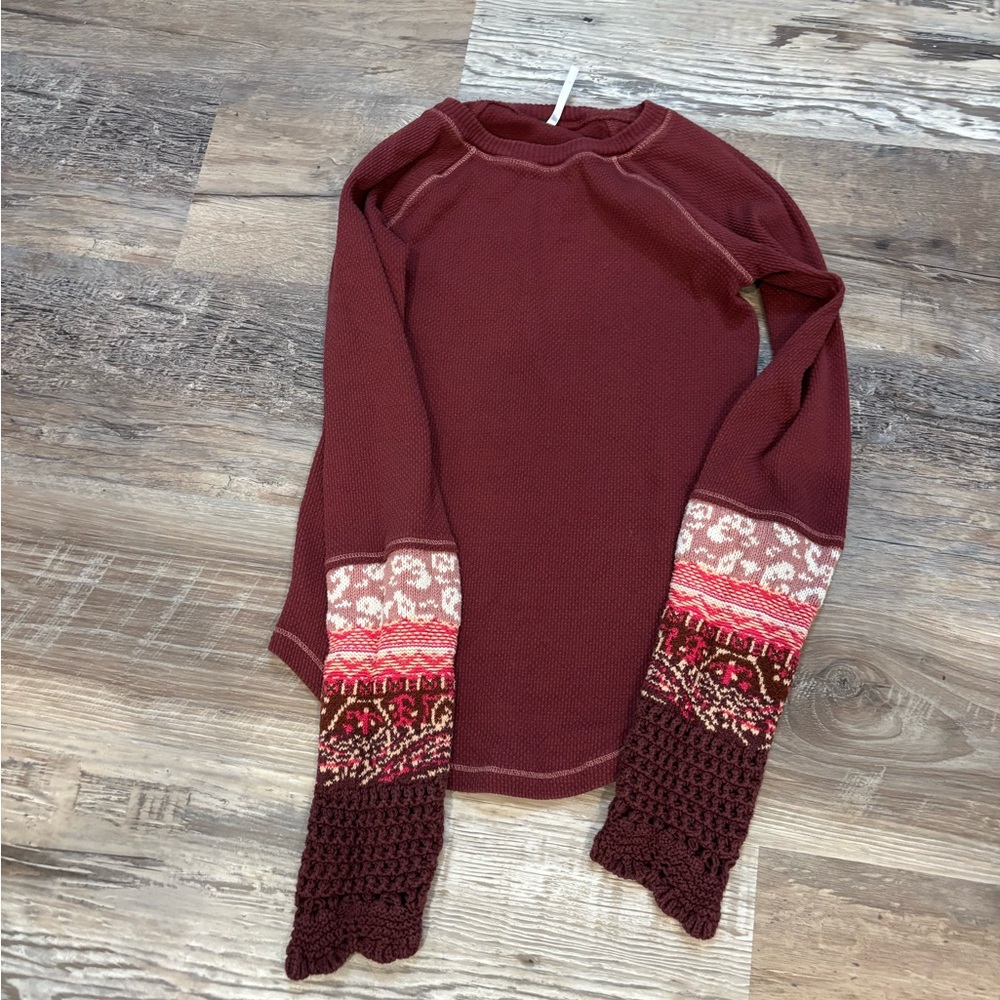 Free People Maroon & Pink Long Sleeve Thermal Top, Sz S